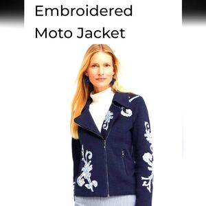Chico's Embroidered Moto Jacket - Navy Blue